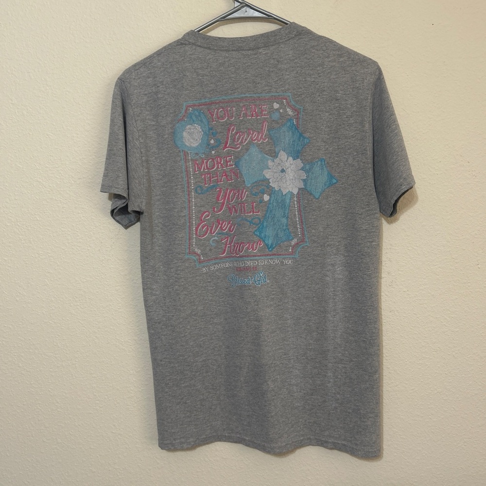 Blessed Girl Gray Graphic T-Shirt "You Are Loved" Floral Cross Size S - Picture 5 of 7
